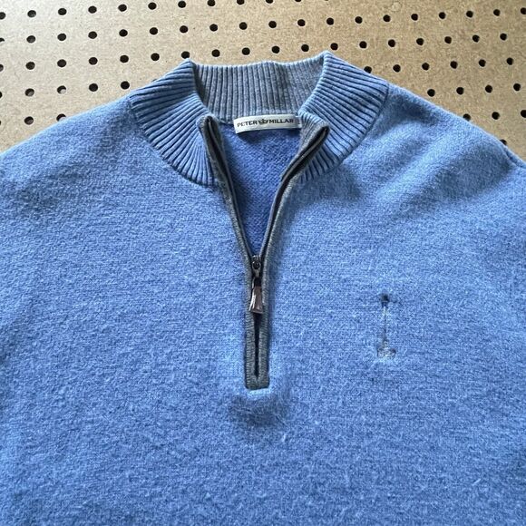 Peter Millar Crown Carmel CC 1/4 Zip Pullover Flannel Wool Blend Blue Large Men - Picture 3 of 9